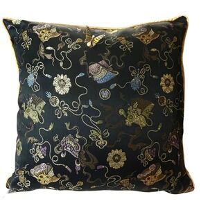 Newport Chinoiserie Silk Jacquard Throw Pillow Black Gold Lux Made in USA